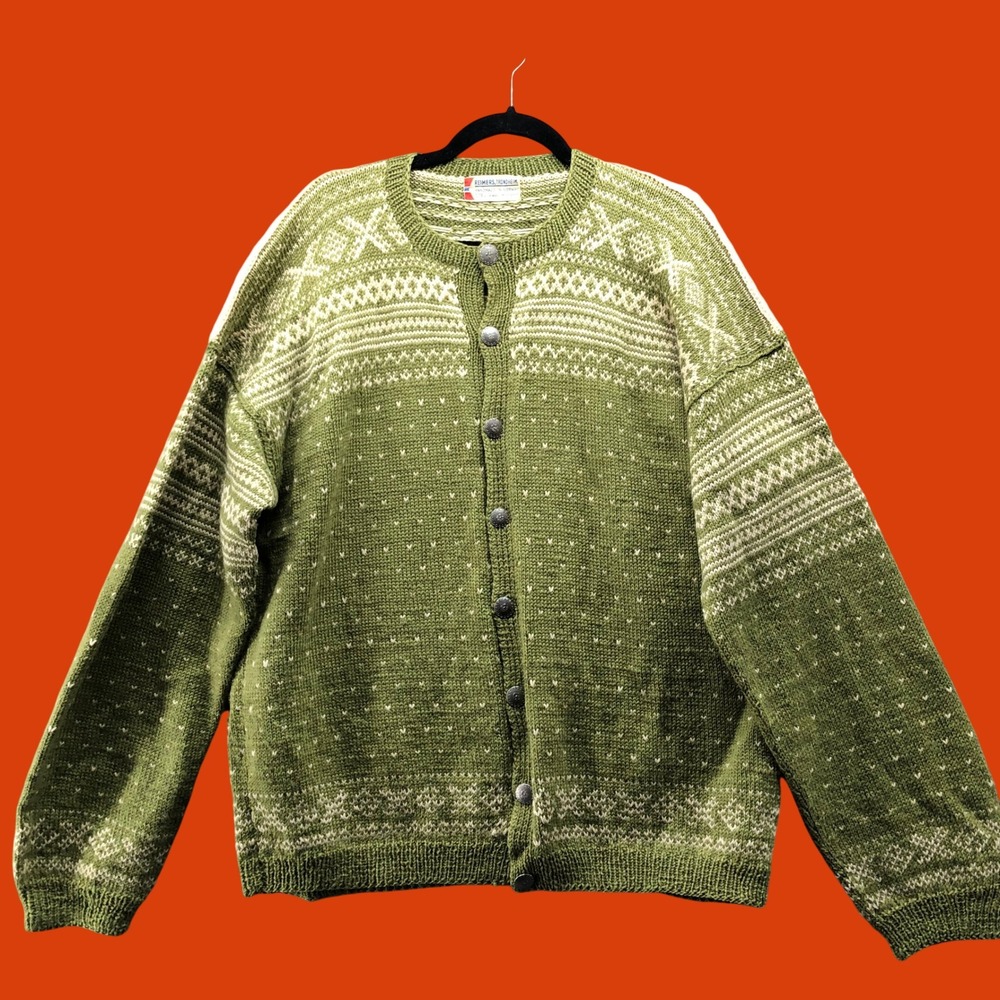 Vintage  Reimers Trondheim Norwegian 100% Wool Cardigan Sweater Mens XL Green